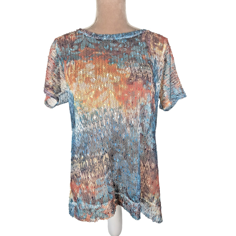 Y2K Mesh T Shirt Top Sz S Festival Rave Rainbow Semi Sheer Sequin